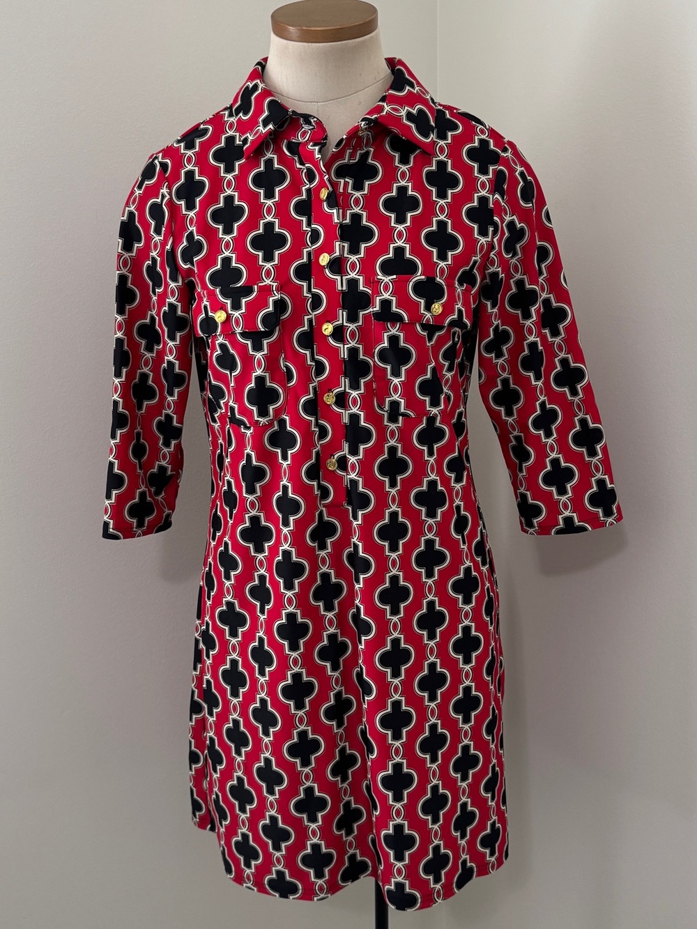 Jude Connally Small Red Black Geometric Print Shirt Dress ~ Nylon Spandex